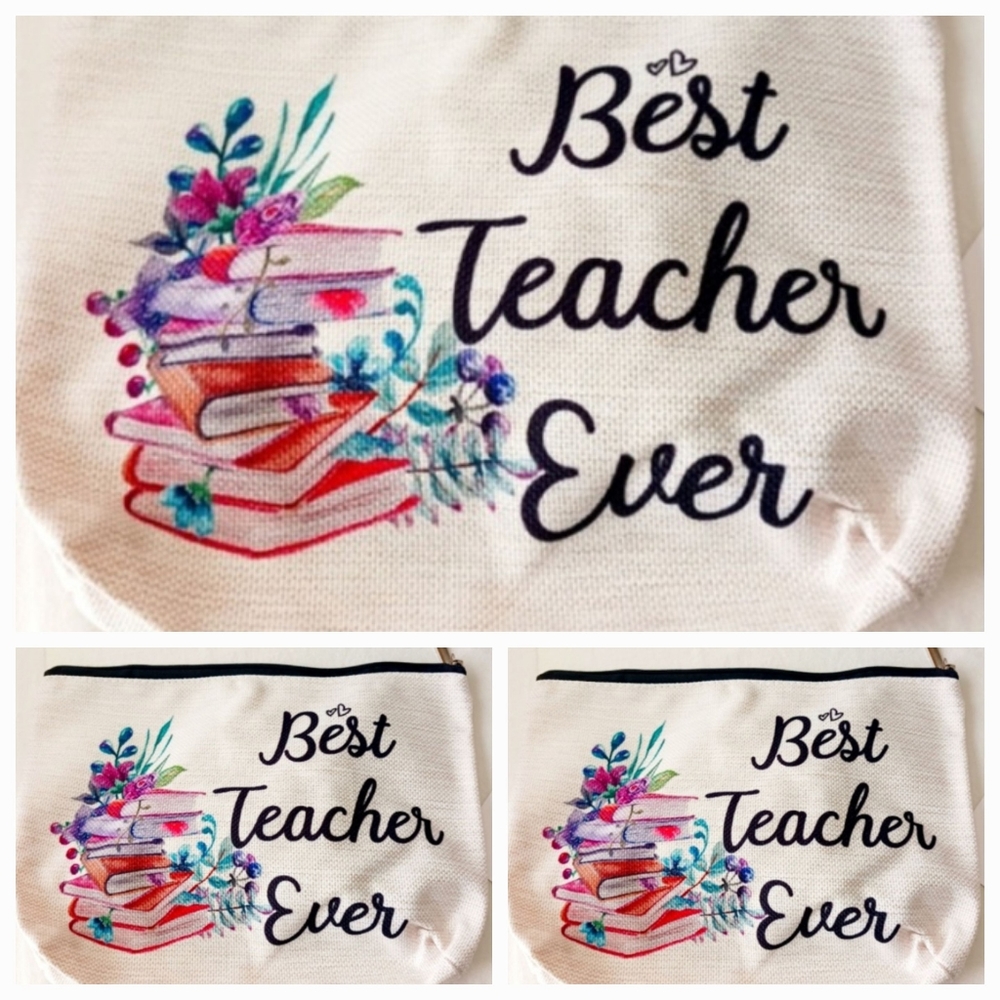3 NEW Best Teacher Ever canvas make up bag with zipper perfect teacher's gift